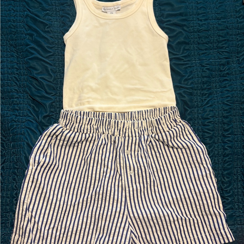 Sincerely Jules Blue & White Striped Shorts and white top